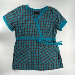 Blue and Brown Plaid Scrub V-Neck Top